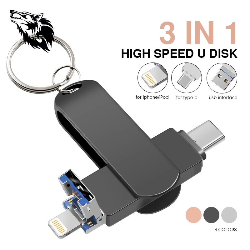 Wolf Тип C 3 в 1 Флешка USB флеш накопитель 128 Гб 64 ГБ 32 16 8 для iPhone и компьютера|USB