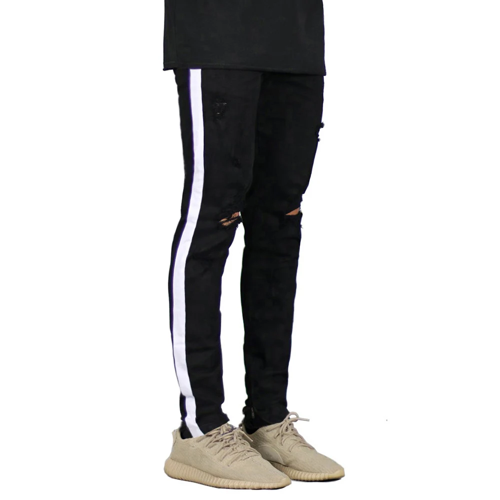 Goedkoop Mannen Jeans Ontwerp Fashion Kant Streep Ripped Vernietigd Jeans Voor Mannen H8709