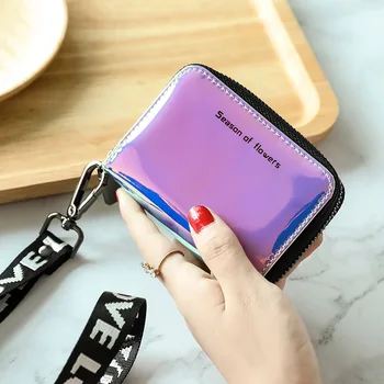 

Women Men Short Laser Wallet For Females Pu Leather Small Zipper Credit Card Holders Holographic Coin Wallet Purse With Strap