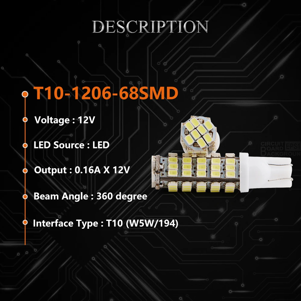 YM E-Bright 100X T10 Led 194 168 1206 68 SMD автомобильный светильник, лампы белого цвета 544Lm, внутреннее освещение, лампа для чтения, автомобильная лампа 12 В