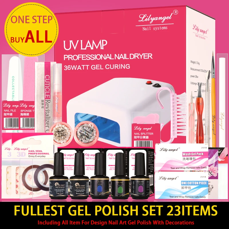

Lily angel UV Lamp Nail Dryer LED Manicure Sets 23 Item Includ 15ML Base top coat Color Gel Polish Manicure Tools Kit Sets