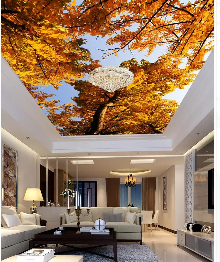 3d wallpaper landscape ceilings Gold Maple Leaf blue sky treetop living room bedroom ceilingin