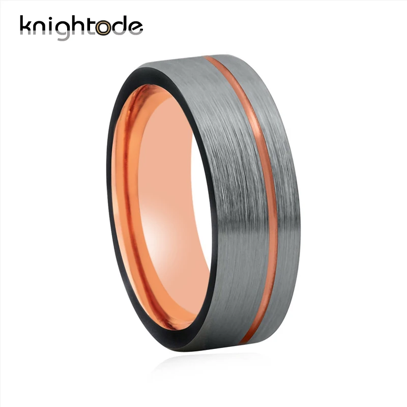 

Rose Gold Black Tungsten Carbide Engagement Band Flat Brushed With Offset Grooved Wedding Ring Comfort Fit