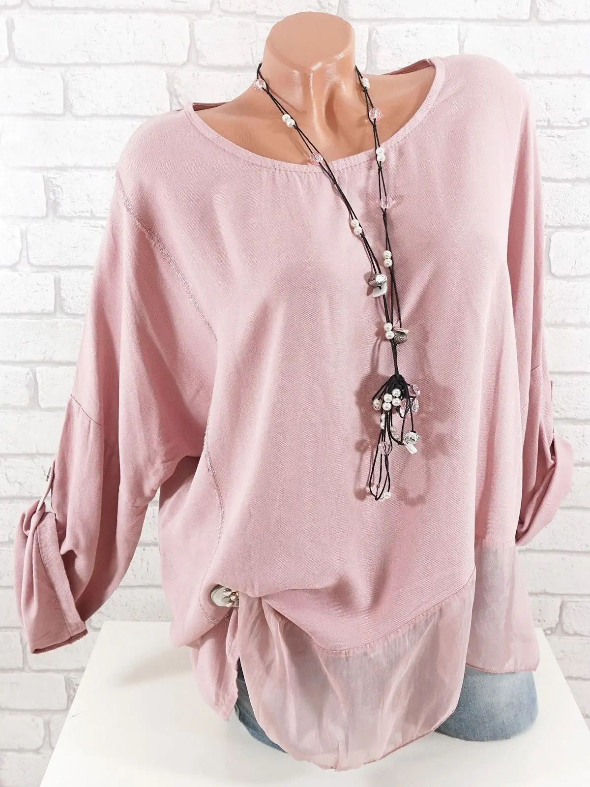Женская блузка большого размера, новинка весны, прошитая Свободная шифоновая Асимметричная рубашка с круглым вырезом, большие размеры - Цвет: Розовый