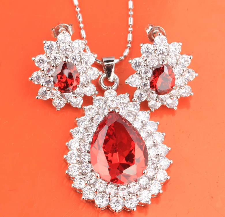 

Breathtaking Hot Red Garnet White 925 Sterling Silver Jewelry Sets Earring Pendant Ring S8062