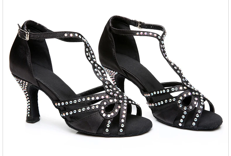 Dileechi Black Satin Стразы Костюмы для латиноамериканских танцев танцевальная обувь Для женщин Костюмы для бальных танцев Обувь для танцев британский генерал высокого 7.5 см