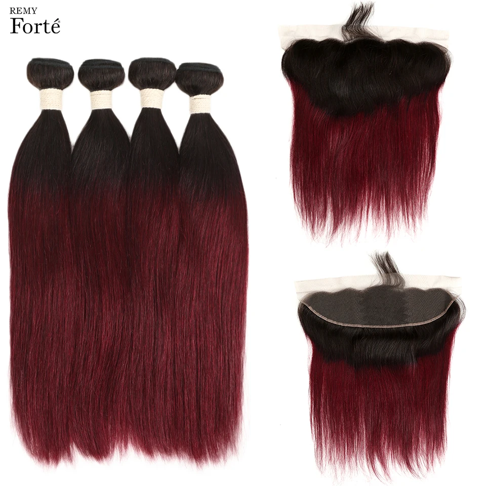 

Remy Forte 30 Inch Bundles With Frontal Ombre Bundles With Closure T1B/99 Straight Hair Bundles With Closure Frontal With Bundle