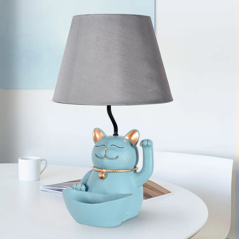 

Table Lamp Bedroom Bedside Table Lamp Warm Creative Home Retro New Chinese Style Living Room Cute Animal Storage Lucky Blue Cat
