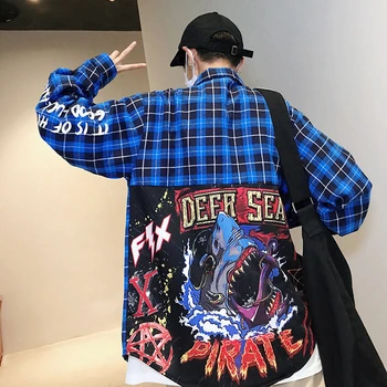 

Shark Printed Long Sleeve Shirts Mens Cool Harajuku Shirts Male Casual Plaid Shirts Streetwear Fashion 2019 Korean Shirt Male