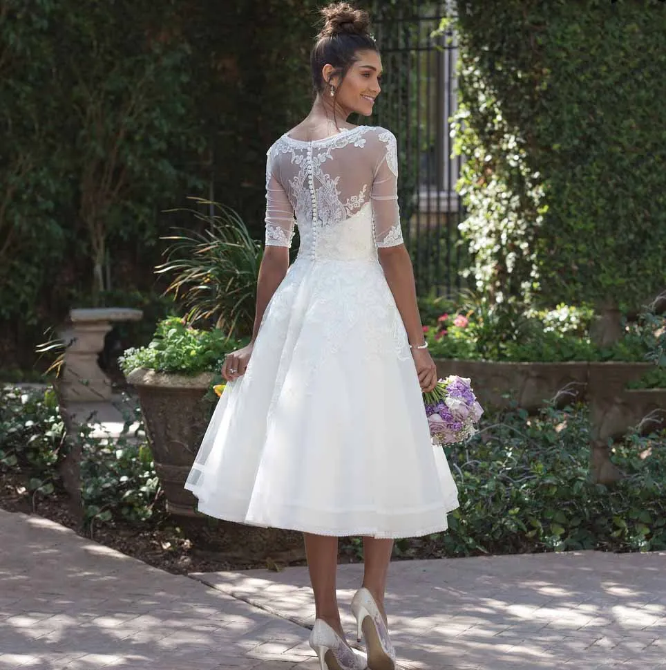 Vestido de noiva curto новые модные, прозрачные Совок Половина рукава по колено короткое свадебное платье Дешевые кружевное свадебное платье с аппликацией