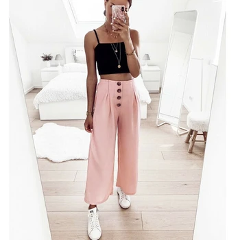 

New Womens Loose Wide Leg Pants Female Button High Elastic Waist Straight Pants Fashion lady Summer Ankle-length Trousers Pants