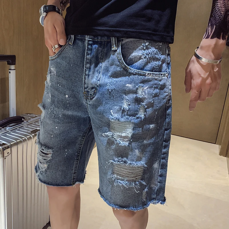 

Summer New Jeans Men Fashion Casual Tear Hole Denim Fifth Pants Man Streetwear Trend Wild Hip Hop Loose Male Clothes S-2XL