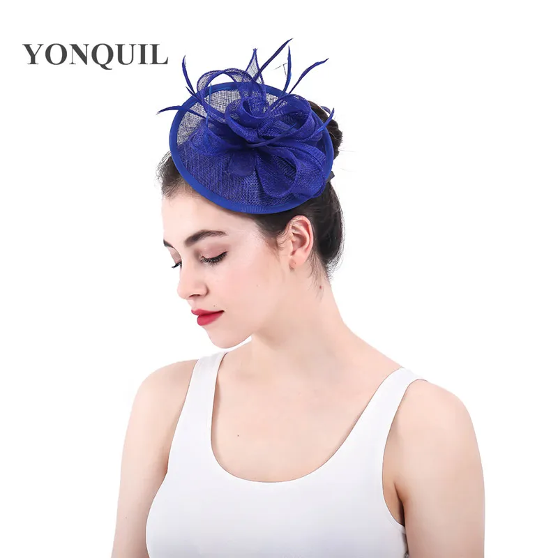 

royal blue sinamay loops Fascinator with feather flowers Melbourne cup Wedding derby Party Cocktail hats New Arrival 17colors