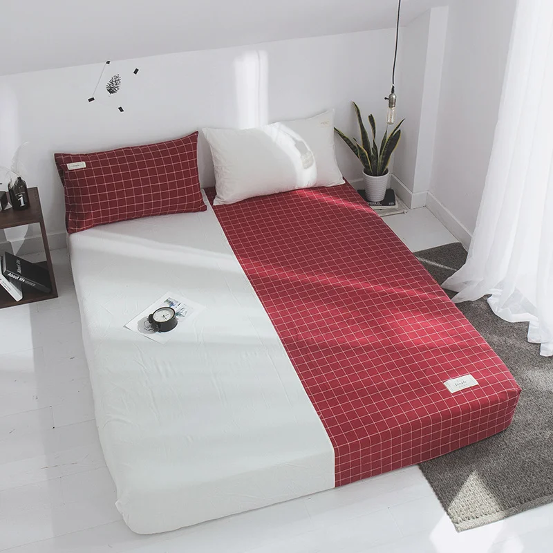 

Red Plaid Pattern Bed Sheet Pillowcase Pure Colour Bed Linen Cotton Mattress Covers Fitted Sheet Sets With Elastic For King Size