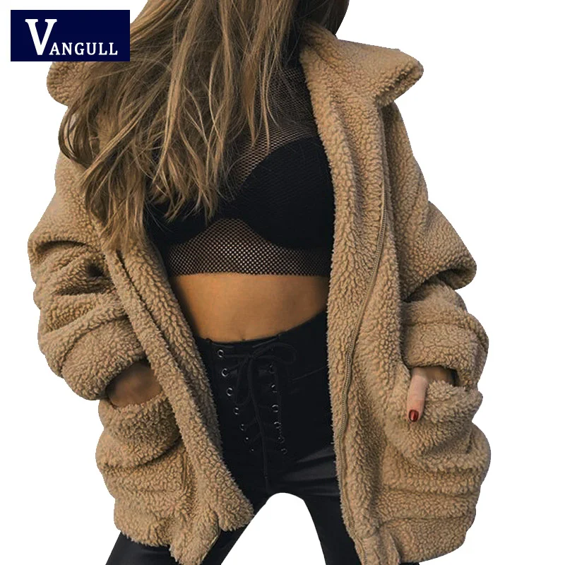 

VANGULL Women Thick Flocking Jackets Female Oversize Coats Fur Loose Style Pockets Streetwear Jacket Coat Winter Outwear 2018