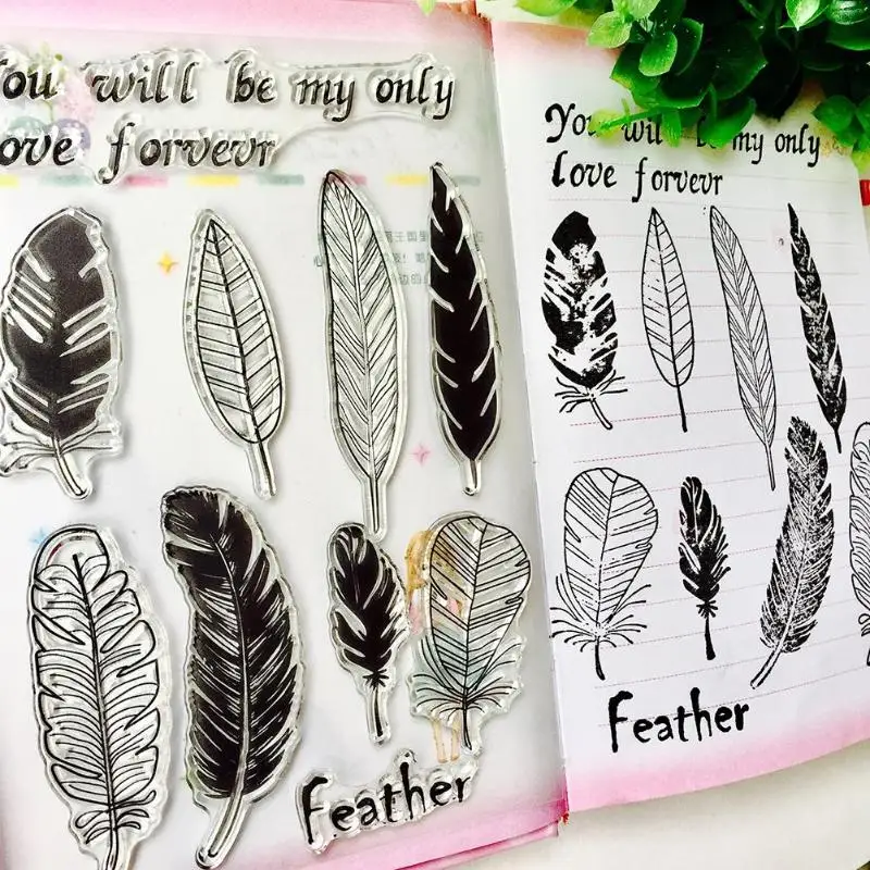 

DIY Feather Letter Scrapbook DIY Photo Album Cards Transparent Acrylic Silicone Rubber Clear Stamps Sheet Cards Decoration