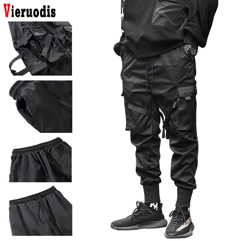 

Men Ribbons Color Block Black Pocket Cargo Pants Men Fashion Casual 2019 Harem Joggers Harajuku Sweatpant Hip Hop Trousers