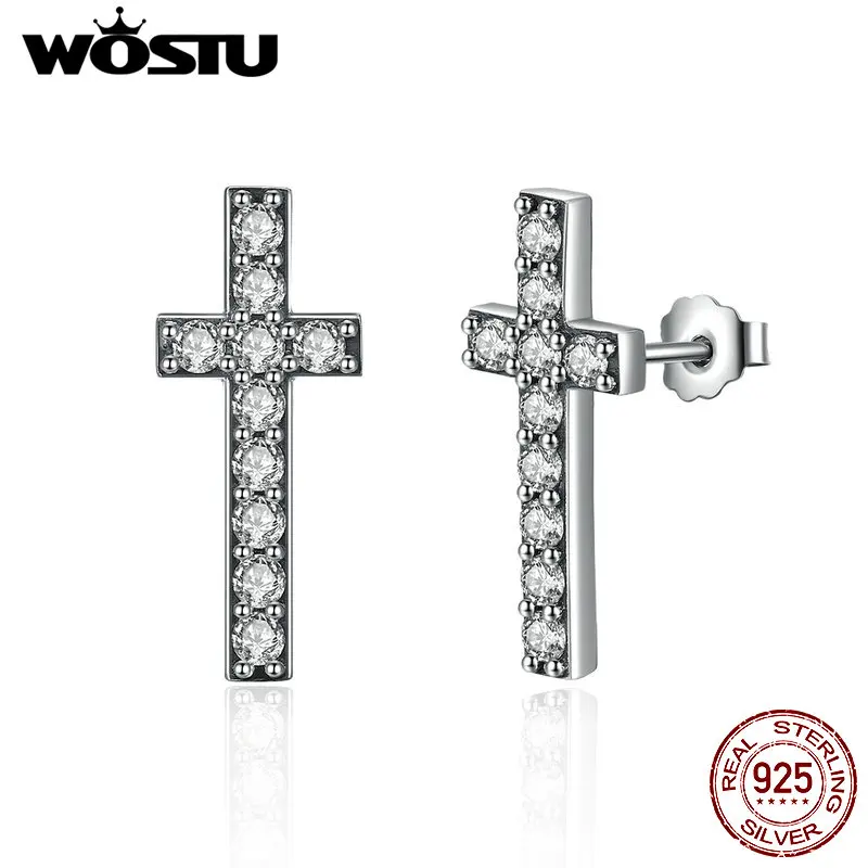 WOSTU, новая мода, 925 пробы, серебро и прозрачный CZ, сверкающий крест, серьги-гвоздики для женщин, роскошный S925 бренд, ювелирное изделие, подарок CQE036