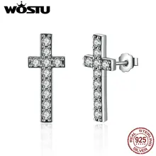 WOSTU, новая мода, 925 пробы, серебро и прозрачный CZ, сверкающий крест, серьги-гвоздики для женщин, роскошный S925 бренд, ювелирное изделие, подарок CQE036