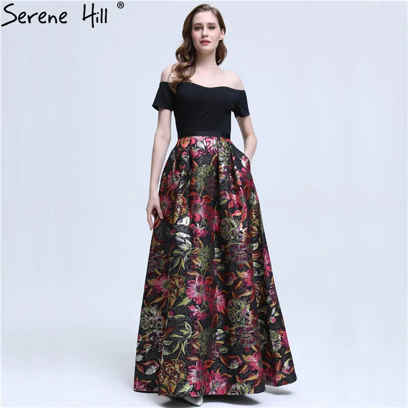 

Elegant Off Shoulder Printed Pattern Evening Dresses 2019 New Design Short Sleeves Floor Length Party Gown BLA6401