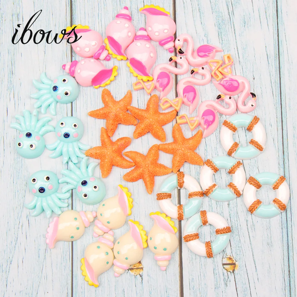 

IBOWS 10Pcs Mix Design Blue Color Starfish Resins Flat Back Cabochon Art Supply Decoration For Phone case Hairclips Charm Crafts