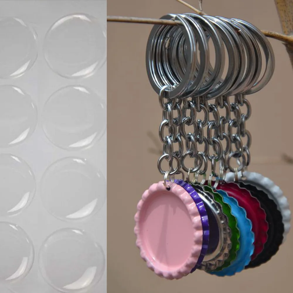 

Mix DIY Key Chains: 50 Pcs Flattened Both Side Colored Bottle caps with holes and rings +50 pcs Clear Epoxy +50 pcs key chains