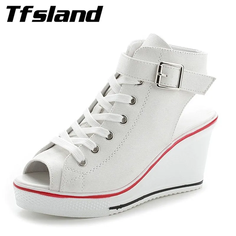 Tfsland женские пряжки открытый носок на танкетке Текстильная обувь на платформе пикантная женская обувь на шнуровке; сезон лето босоножки на высоком каблуке кеды, кроссовки - Цвет: white