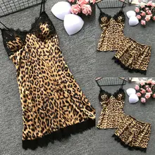 2 шт./компл. Для женщин шелковый атлас нижнее белье, одежда для сна, кружевной халат шорты для женщин Ночная рубашка Lepard принт женское кружевное белье Ночная Пижама