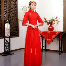 Красный кружевной китайский невесты Свадебная вечеринка платье древних Для женщин Свадебное Ципао костюм большой Размеры винтажный