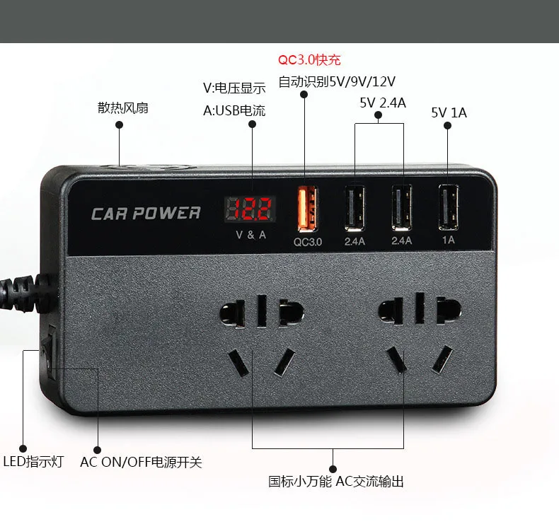 12 В до 220 В автомобильный инвертор многофункциональный автомобильный преобразователь мощности разъем USBQC3.0 Быстрая зарядка 150 Вт