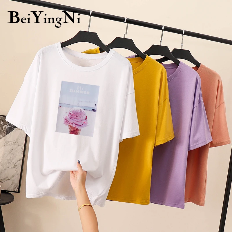 

Beiyingni 2019 Summer Short Sleeve Female Tshirt Ice Cream Print Casual Kawaii O-neck Hipster College T-shirt Women Loose Tops