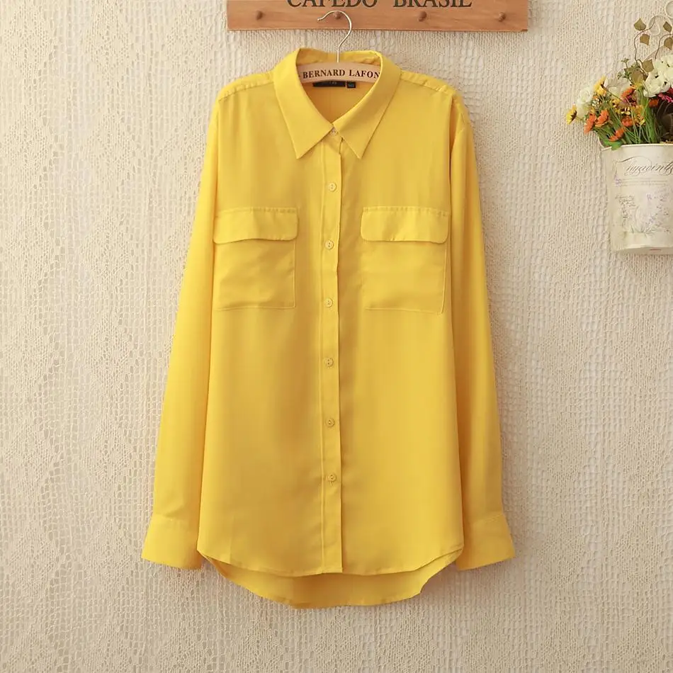 1096 New fashion Blusas Femininas Bright Yellow chiffon blouse Long ...