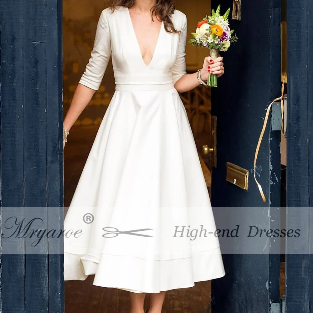 Mryarce Simple Elegant Short Wedding Dress Plunging V Neck Crepe Tea Length Dresses With Pockets Manivet Bridal Gowns (1)