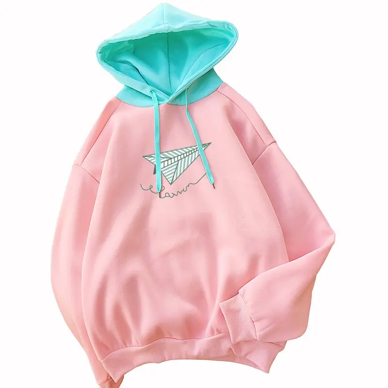 

Fashion Autumn Winter Women Sweatshirt With Hat Drawstring Long Sleeve Splicing Fleece Kawaii Paper Plane Print Hoodies Pullover