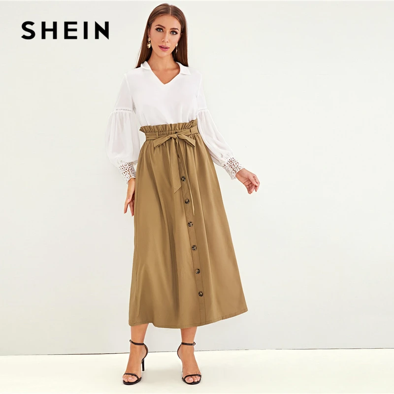 SHEIN abaya Camel Paperbag поясные однобортные юбки с поясом женские летние осенние с высокой талией однотонные расклешенные трапециевидные длинные юбки