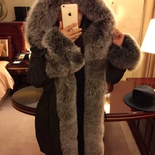 Роскошный Зимний модный длинный пуховик из натурального меха серебристой лисы с капюшоном для женщин черный большой размер xl