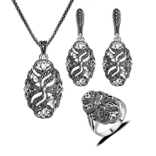 2017 Nueva Llegada de Plata Antiguo Plateado Joyería Ahueca Hacia Fuera la Forma de la Planta Vintage Negro Rhinestone de La Manera Sistemas de la Joyería de Regalo de Las Mujeres