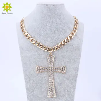 

New Fashion Gold Metal Chunky Chain Clear Crystal Big Cross Pendant Necklace