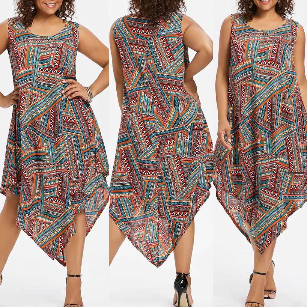

Summer Fashion Casual Women Plus Size O-Neck Loose Colorful Print Sleeveless Asymmetrical Beach Party Mid-Calf dress 50