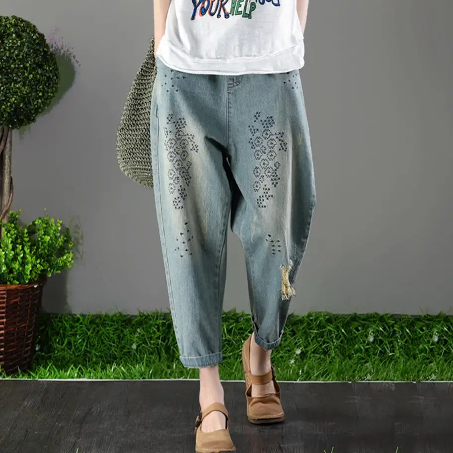 2018 New Summer blue elastic waist Embroidery hole loose