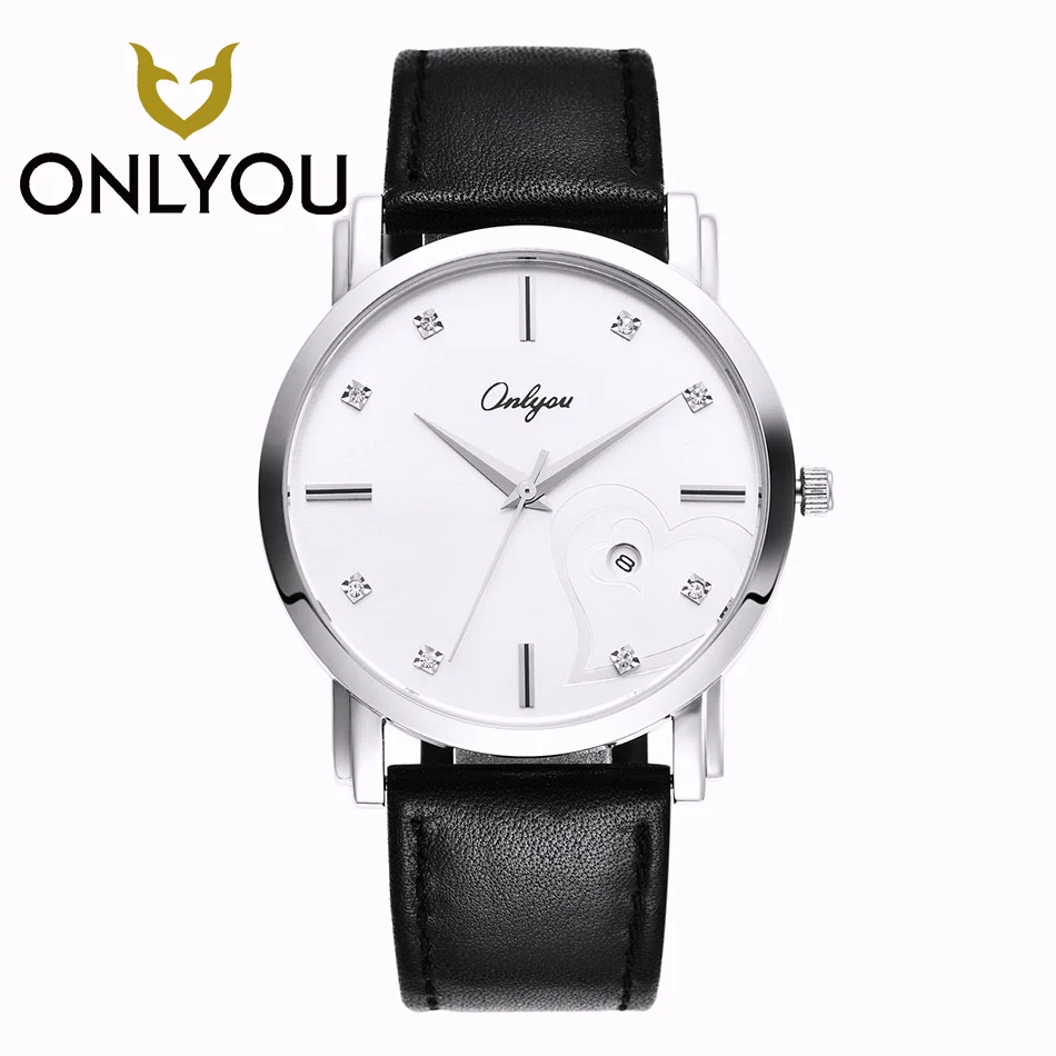 

ONLYOU Round Stainless Steel Clasp Pocket Watch 5Bar Waterproof Leather Watchband Man's Watch Date Display Womans Watches Heart-