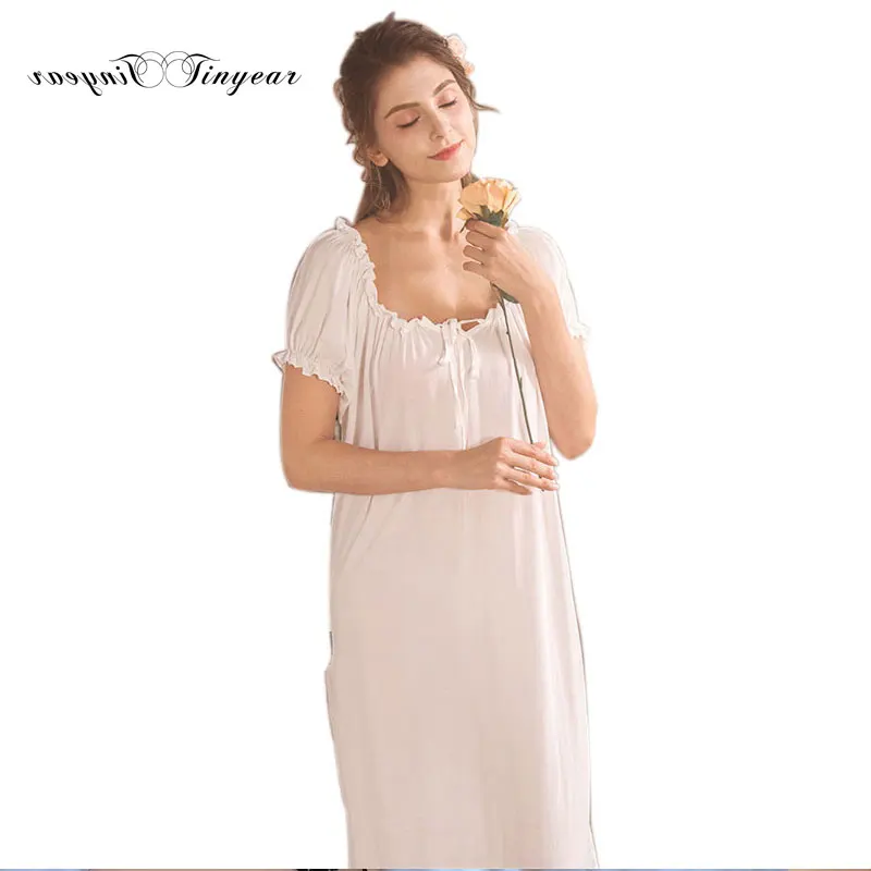 Tinyear White cotton nightgown Short Sleeve Night shirt dress Elegant