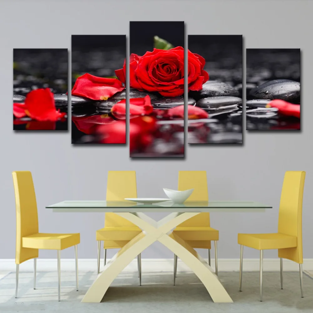 5P0155 Canvas Paintings Home Decor Living Room Wall Art 5 Pieces Red Rose Flowers Pictures Modular Prints Stone Petal Poster Framework (19) 