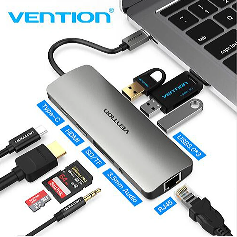 

Vention Thunderbolt 9 in 1 USB Hub Type C to HDMI USB3.0 RJ45 Adapter for MacBook Samsung Dex S8/S9 Huawei P20 Pro usb c Adapter