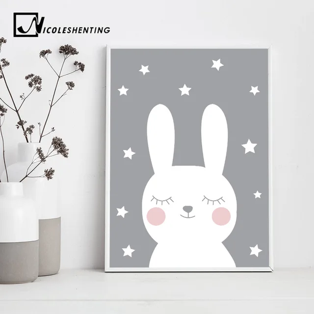 Baby Nursery Wall Art Canvas Poster Print Cartoon Rabbit Bear Painting Nordic Kids Decoration Picture Children Bedroom Decor