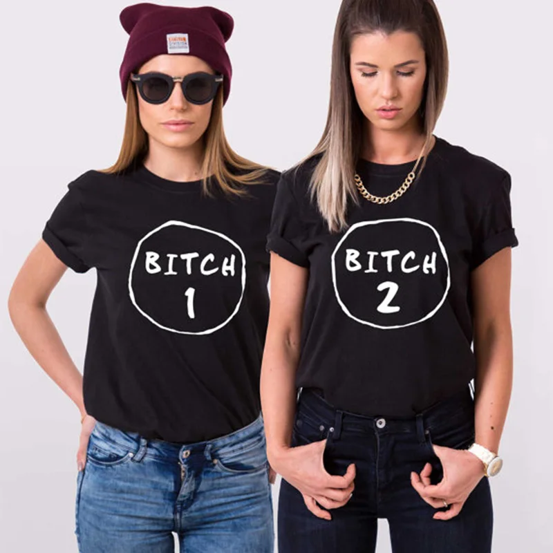 

EnjoytheSpirit Funny Women Tops Best Friend Short Sleeve Loose Tshirt Cotton T-shirt Bitch 1 Bitch 2 Summer Fashoin Crewneck