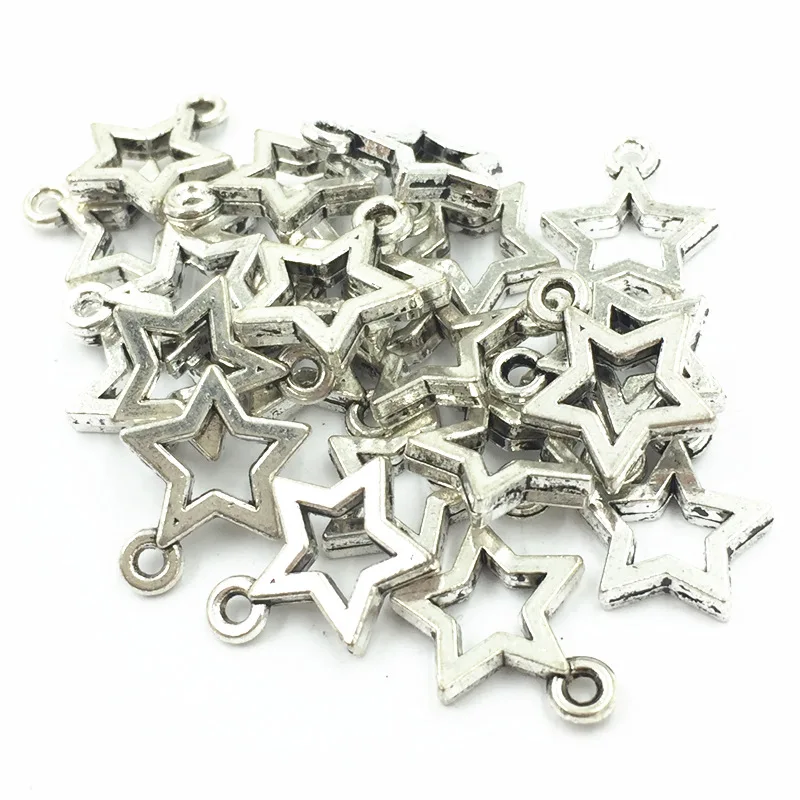 50Pcs Pendants For Bracelets Silver Tone Star Hollow Metal Fashion