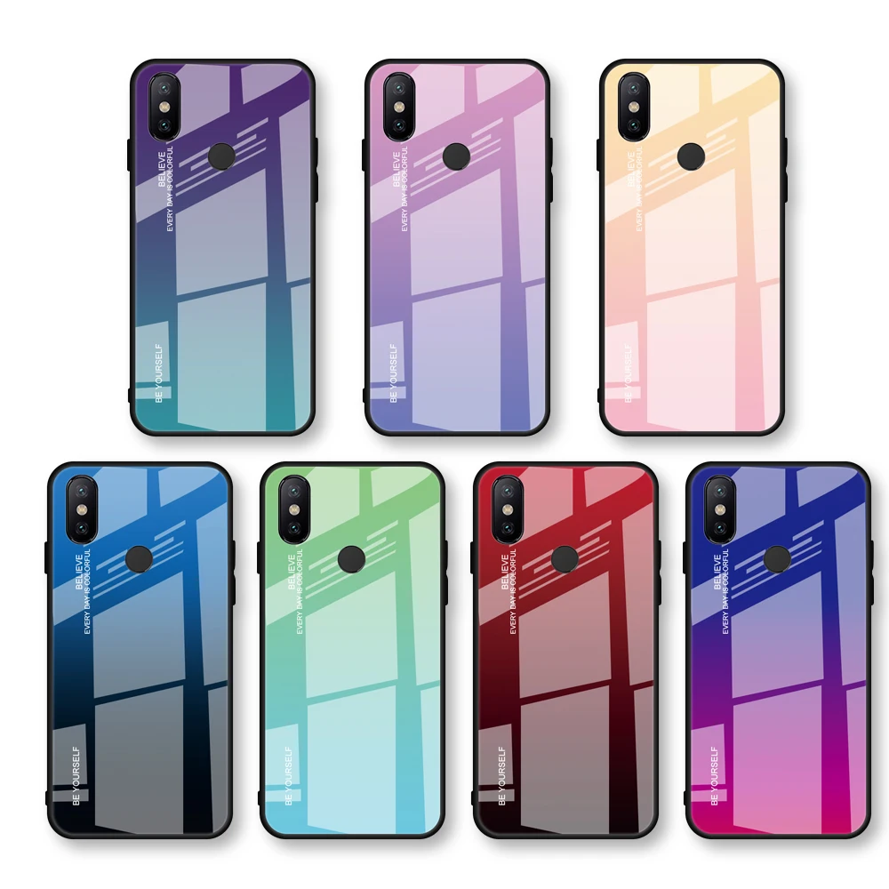 Gradient Glass Case For Xiaomi Mi A2 Lite Redmi 9T 9A 9AT 9C NFC Back Cover Note 10 9 8 Pro 9S 7 6 6A | Мобильные телефоны и