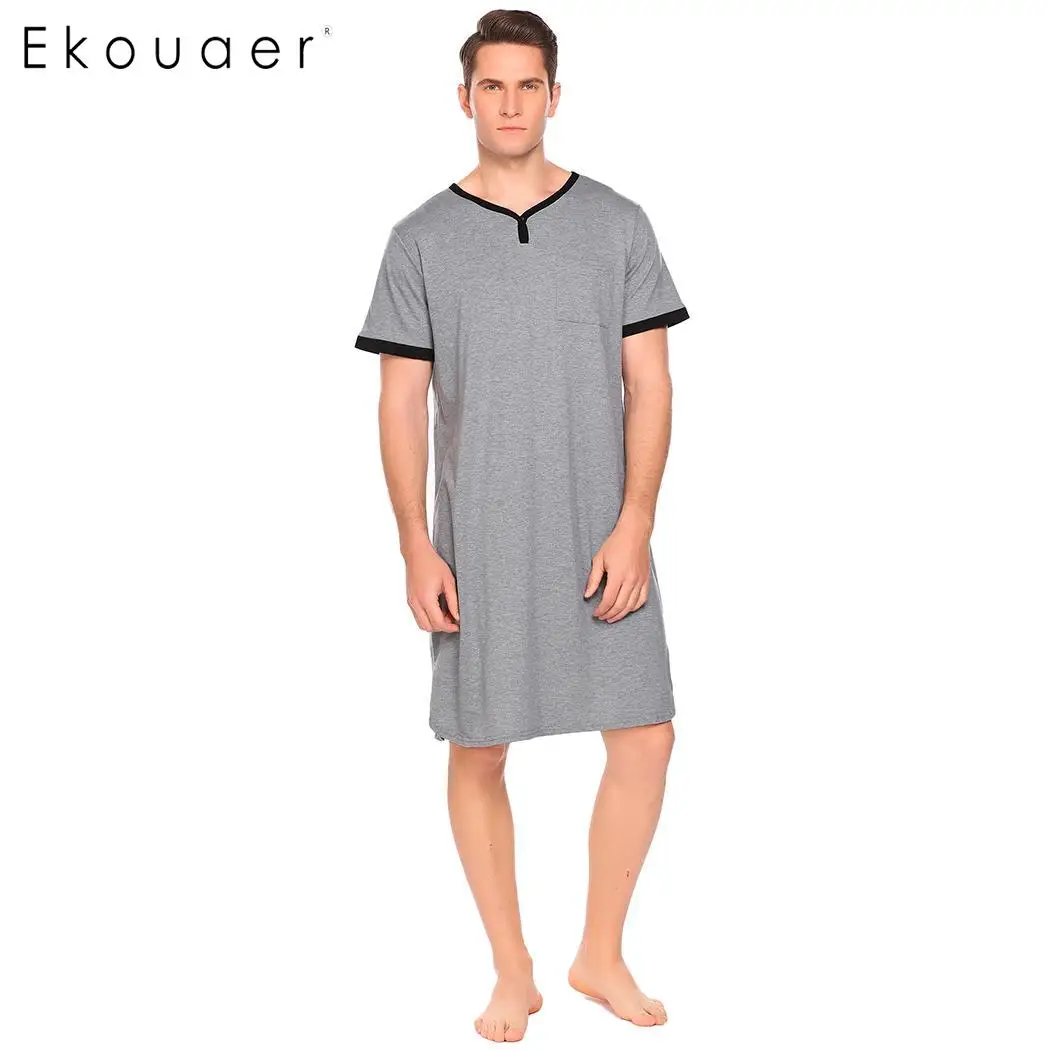 Ekouaer мужская длинная ночная рубашка, пижама с v-образным вырезом, короткий рукав, контрастный цвет, с карманом, свободная ночная рубашка, домашняя одежда, топы для сна - Цвет: Gray