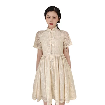 

Women Vintage Dress Chinese Style Summer Mandarin Collar Short Sleeve Vestidos Elegant Female Crochet Lace Swing Party Dresses